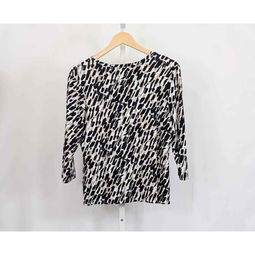 Amber Sun Top Black Tan White Print V-Neck Misses Size L - Picture 3 of 6
